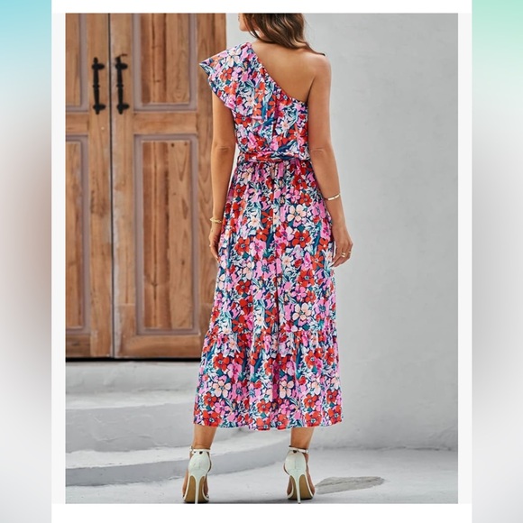 BTFBM One Shoulder Maxi Dress Sleeveless Layered Ruffle Boho Floral Print - Picture 2 of 4